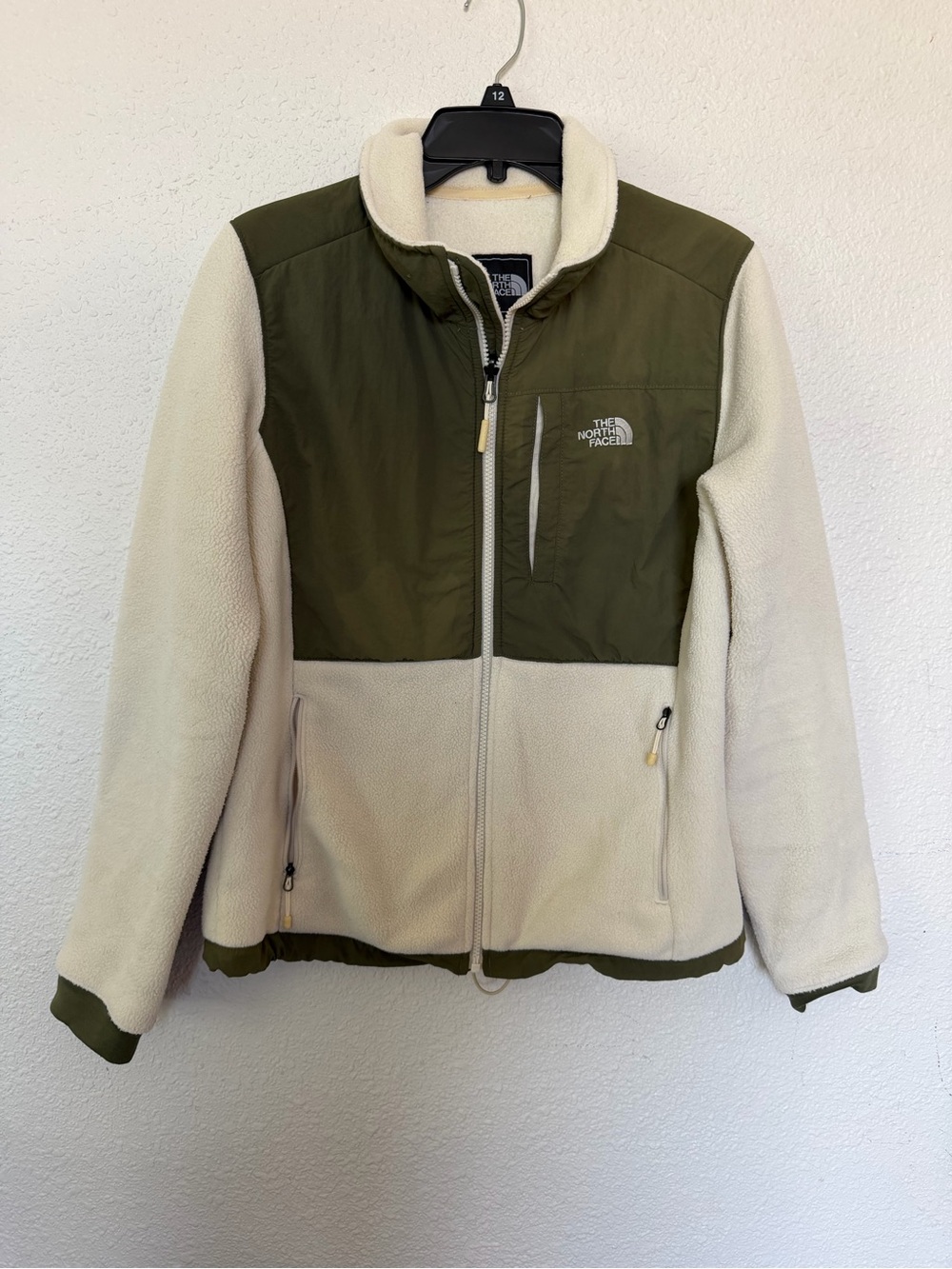 The North Face Cream Sherpa Jacket with Olive Green Trim size S
